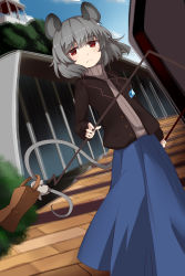 Rule 34 | 1girl, alternate costume, animal ears, bag, black coat, blue skirt, casual, coat, commentary request, contemporary, day, dowsing rod, frown, grey hair, highres, holding, jewelry, long skirt, looking at viewer, mouse ears, mouse tail, nazrin, outdoors, pendant, red eyes, short hair, skirt, solo, standing, tail, touhou, winu (hertrion)