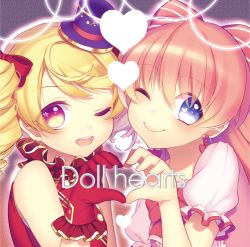 Rule 34 | 2girls, ;), ;d, ai (otoca d&#039;or), ai (otoca doll), bad id, bad pixiv id, blonde hair, blue eyes, bow, drill hair, earrings, gloves, hair bow, hat, heart, heart hands, heart hands duo, hitohira (shiroringo48), jewelry, long hair, luciko (otoca d&#039;or), luciko (otoca doll), multiple girls, one eye closed, open mouth, otoca d&#039;or, pink hair, purple hat, red bow, red gloves, short hair, smile, top hat, upper body, yellow eyes