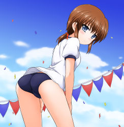 Rule 34 | 1girl, absurdres, alternate hairstyle, ass, blue buruma, blue sky, blush, buruma, closed mouth, cloud, cloudy sky, commentary request, confetti, cowboy shot, day, enma702, from behind, gym shirt, gym uniform, hands on own thighs, highres, light frown, looking at viewer, looking back, low twintails, lyrical nanoha, mahou shoujo lyrical nanoha, mahou shoujo lyrical nanoha a&#039;s, mahou shoujo lyrical nanoha a&#039;s portable: the battle of aces, stern the destructor, outdoors, shirt, short hair, short sleeves, sky, solo, standing, string of flags, t-shirt, twintails