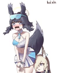 2girls absurdres animal_ear_fluff animal_ears blonde_hair blue_archive blue_eyes blue_halo cheerleader commentary dog_ears dog_girl dog_tail english_commentary eyewear_on_head glasses grey_hair grey_tail hair_between_eyes hair_over_one_eye halo hibiki_(blue_archive) hibiki_(cheer_squad)_(blue_archive) highres kanna_(blue_archive) long_hair long_sleeves millennium_cheerleader_outfit_(blue_archive) multiple_girls navel official_alternate_costume official_alternate_hairstyle parted_bangs pleated_skirt police police_uniform policewoman ponytail sharp_teeth sidelocks simple_background skirt stomach tail teeth white_background yellow_halo zheng_kai_xin