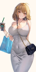 Rule 34 | 1girl, absurdres, anis (nikke), bag, bare shoulders, breasts, brown eyes, brown hair, cleavage, commentary request, covered navel, cowboy shot, cup, disposable cup, dress, drinking straw, goddess of victory: nikke, grey dress, grin, handbag, head tilt, highres, holding, holding cup, jewelry, large breasts, looking at viewer, pendant, shopping bag, short hair, sleeveless, sleeveless dress, smile, solo, spaghetti strap, standing, xia 0328