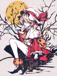 Rule 34 | 1girl, ascot, bare legs, belt, biting, black footwear, blonde hair, bow, capelet, flandre scarlet, full body, full moon, hair bow, halloween, hat, hat ribbon, high heels, holding, laevatein, looking at viewer, mob cap, moon, red bow, red eyes, red ribbon, red skirt, ribbon, shoes, sitting, skirt, slit pupils, solo, thumb biting, touhou, uni (bom19850101), white hat, wings