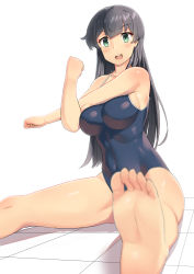 Rule 34 | 1girl, absurdres, agano (kancolle), bad id, bad pixiv id, barefoot, black hair, blush, breasts, clenched hands, collarbone, competition school swimsuit, ears visible through hair, green eyes, highres, kantai collection, large breasts, long hair, one-piece swimsuit, open mouth, osananajimi neko, school swimsuit, sideboob, simple background, sitting, soles, solo, swimsuit, toes, white background