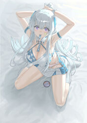 Rule 34 | 1girl, absurdres, adjusting hair, blue archive, breasts, cleavage, grey hair, highres, large breasts, long hair, looking at viewer, mouth hold, noa (blue archive), purple eyes, smile, solo, soramiruku