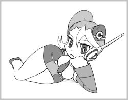 Rule 34 | 1girl, bare legs, border, breasts, call (mighty no. 9), call e, dress, fringe trim, garrison cap, greyscale, hat, head rest, headset, jadf, lying, mighty no. 9, monochrome, on side, robot, short dress, side ponytail, solo, uniform, wide hips