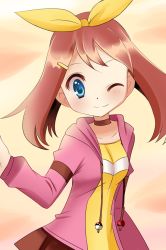 Rule 34 | 1girl, alternate costume, arm at side, blue eyes, bow, brown hair, casual, child, choker, collarbone, creatures (company), facing viewer, female focus, flat chest, game freak, gen 3 pokemon, gen 6 pokemon, gradient background, hair bow, hair ornament, hair ribbon, hairclip, hand up, happy, hood, hoodie, kurumierika, long sleeves, looking at viewer, may (pokemon), may (pokemon oras), medium hair, miniskirt, neck, nintendo, one eye closed, open clothes, open hoodie, pink hoodie, pokemon, pokemon oras, red skirt, ribbon, shiny clothes, shiny skin, shirt, shirt under jacket, side bangs, sidelocks, skirt, smile, standing, wink, yellow bow, yellow ribbon, yellow shirt