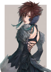 Rule 34 | 1girl, absurdres, au ra, back cutout, black dress, brown hair, cam (cammero95713700), clothing cutout, cosplay, dragon horns, dragon tail, dress, feathers, final fantasy, final fantasy xiv, frilled dress, frills, fur trim, hair ornament, highres, horns, long sleeves, looking back, orange eyes, scales, short hair, simple background, solo, tail, warrior of light (ff14), wide sleeves, y&#039;shtola rhul, y&#039;shtola rhul (cosplay)
