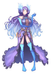 Rule 34 | absurdres, blue fire, blue gloves, blue thighhighs, breasts, brighid (xenoblade), center opening, dagger, dress, elbow gloves, fiery hair, fire, full body, gloves, hakusai (hksicabb), highres, knife, large breasts, long hair, one eye closed, purple dress, purple eyes, purple hair, simple background, smile, solo, standing, thighhighs, unusually open eyes, very long hair, weapon, white background, xenoblade chronicles (series), xenoblade chronicles 2