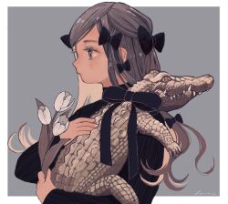 Rule 34 | 1girl, animal, black bow, black ribbon, black sweater, border, bow, brown eyes, brown hair, closed mouth, crocodile, crocodilian, flower, from side, grey background, hair bow, hanio3, highres, holding, holding animal, holding flower, long hair, long sleeves, original, outside border, ribbon, signature, simple background, solo, sweater, turtleneck, turtleneck sweater, upper body, white border, white flower
