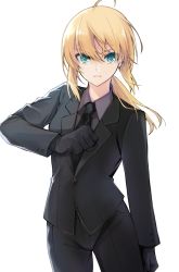 Rule 34 | 1girl, ahoge, artoria pendragon (all), artoria pendragon (fate), black gloves, black jacket, black necktie, black pants, blonde hair, closed mouth, collared shirt, cowboy shot, fate/zero, fate (series), floating hair, formal, frown, gloves, green eyes, grey shirt, hair between eyes, highres, jacket, long hair, long sleeves, looking at viewer, low ponytail, maru (pixiv51714255), necktie, pant suit, pants, saber (fate), shirt, sidelocks, simple background, solo, standing, suit, white background, wing collar