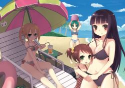 Rule 34 | 4girls, age difference, beach, bikini, black hair, blonde hair, blue eyes, blush, breasts, brown hair, child, cleavage, female focus, food, green eyes, green hair, hair bobbles, hair ornament, hinuki marina, hug, large breasts, long hair, multiple girls, navel, one-piece swimsuit, open mouth, original, popsicle, red eyes, short hair, sitting, smile, swimsuit, twintails