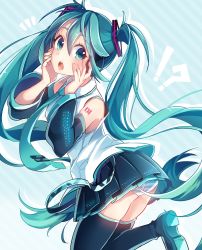 Rule 34 | !?, 1girl, boots, detached sleeves, green eyes, green hair, hands on own face, hatsune miku, long hair, looking at viewer, matching hair/eyes, necktie, nou (nounknown), open mouth, panties, skirt, solo, striped background, striped clothes, striped panties, thigh boots, thighhighs, twintails, underwear, very long hair, vocaloid