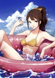 Rule 34 | 1girl, alternate hairstyle, bikini, blue sky, bow, breasts, brown eyes, brown hair, can, cleavage, cloud, cloudy sky, commentary, day, drink can, english commentary, floating, hair bow, highres, innertube, kujikawa rise, kuno (runkunochan), medium breasts, partially submerged, persona, persona 4, ponytail, sky, soda can, solo, swim ring, swimsuit, water