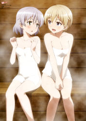 Rule 34 | 10s, 2girls, :d, :o, absurdres, artist request, bare arms, bare legs, bare shoulders, blonde hair, blue eyes, blush, brave witches, breasts, cleavage, collarbone, cowboy shot, fingernails, groin, hands up, highres, indoors, knees together feet apart, looking at another, medium breasts, multiple girls, naked towel, nikka edvardine katajainen, official art, open mouth, sanya v. litvyak, sauna, scan, short hair, silver hair, sitting, small breasts, smile, steam, strike witches, sweat, towel, white towel, world witches series