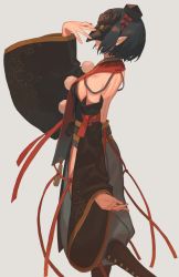 Rule 34 | 1girl, bare shoulders, black hair, bow, breasts, chorefuji, detached sleeves, from side, grey background, hair bow, hand up, hat, highres, leg up, mask, original, pointy ears, red bow, red ribbon, ribbon, short hair, sideboob, simple background, solo, wide sleeves