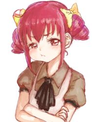 Rule 34 | 1girl, :t, ascot, bad drawr id, bad id, black ascot, blush, brown shirt, closed mouth, collared shirt, crossed arms, drill hair, hoshizora miyuki, looking at viewer, oekaki, pout, precure, puffy short sleeves, puffy sleeves, red eyes, red hair, shirt, short sleeves, sidelocks, simple background, smile precure!, solo, twin drills, upper body, vest, white background, white vest, yuucho