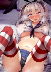 Rule 34 | 1girl, animal ears, arm support, black panties, blue eyes, blue skirt, breasts, collarbone, cosplay, covered erect nipples, fake animal ears, gin&#039;ichi (akacia), gloves, heart, heart-shaped pupils, kantai collection, kashima (kancolle), large breasts, looking at viewer, lying, medium hair, navel, on back, panties, pleated skirt, pussy juice, see-through, shimakaze (kancolle), shimakaze (kancolle) (cosplay), silver hair, skirt, solo, striped clothes, striped thighhighs, symbol-shaped pupils, thighhighs, thong, twintails, underboob, underwear, white gloves