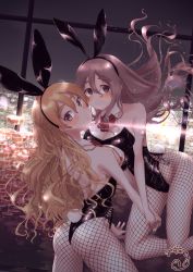 Rule 34 | 2girls, absurdres, alcohol, animal ears, artist name, black leotard, blonde hair, blush, breasts, brown eyes, brown hair, city, city lights, cityscape, cleavage, cup, detached collar, drinking glass, fake animal ears, fake tail, fishnet legwear, fishnets, hair between eyes, highres, kantai collection, large breasts, leotard, long hair, mizunototori, multiple girls, pantyhose, parted lips, playboy bunny, pola (kancolle), rabbit ears, rabbit tail, signature, tail, wine, wine glass, zara (kancolle)