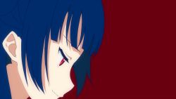Rule 34 | &gt;:), 1girl, blue hair, from side, long hair, love live!, love live! sunshine!!, profile, purple eyes, red background, sellel, simple background, solo, tsushima yoshiko