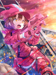Rule 34 | 1girl, absurdres, animal ears, brown hair, bullet casing, bullpup, cowboy shot, dutch angle, fake animal ears, fur-trimmed gloves, fur trim, gloves, gun, hair between eyes, highres, holding, holding gun, holding weapon, jacket, llenn (sao), long sleeves, military jacket, open mouth, outdoors, p90, pants, personal defense weapon, pink gloves, pink headwear, pink jacket, pink pants, short hair, solo, standing, submachine gun, sword art online, sword art online alternative: gun gale online, sysen, watermark, weapon, web address, yellow eyes
