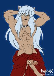 Rule 34 | 1boy, animal ears, erection, grin, highres, inuyasha, inuyasha (character), kappax, long hair, male focus, muscular, naughty face, penis, presenting, smile, solo, undressing
