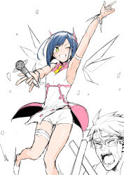Rule 34 | 1boy, 1girl, :d, \m/, absurdres, alternate costume, arm up, armband, armpits, blue hair, blush, bracelet, breasts, chicke iii, closed eyes, commentary, crying, dancing, darling in the franxx, detached wings, furrowed brow, glasses, gorou (darling in the franxx), green eyes, grin, hair ornament, hair strand, headband, highres, holding, holding microphone, ichigo (darling in the franxx), idol, index finger raised, jewelry, leg up, legband, light stick, messy hair, microphone, one eye closed, open mouth, outstretched arm, over-rim eyewear, partially colored, pink shirt, semi-rimless eyewear, shirt, shoes, short hair, short shorts, shorts, sleeveless, small breasts, smile, swept bangs, tears, thigh gap, translated, two-tone shirt, white shirt, white shorts, wings