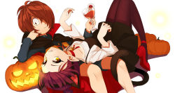 Rule 34 | 1boy, 1girl, alcohol, animal ears, bell, black cape, black dress, brown hair, cape, cat ears, cat tail, choker, closed mouth, commentary, cup, dress, drinking glass, fake animal ears, fake tail, fang, frown, gegege no kitarou, hair over one eye, halloween, halloween costume, highres, holding, holding cup, jack-o&#039;-lantern, kitarou, long hair, looking at viewer, looking back, lying, medama oyaji, neck bell, nekomusume, nekomusume (gegege no kitarou 6), on back, on person, pantyhose, pinafore dress, pointy ears, pumpkin, purple hair, purple pantyhose, red cape, red choker, shirt, short dress, short hair, silanduqiaocui, sitting, sleeveless dress, smile, tail, two-sided cape, two-sided fabric, white shirt, wine, wine glass, yellow eyes