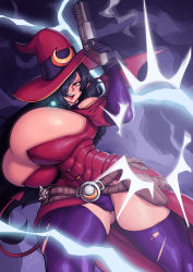 Rule 34 | absurdres, bare shoulders, belt, black hair, bouncing breasts, breasts, bursting breasts, character request, cowboy shot, demon tail, detached sleeves, deumosden, eyelashes, female focus, gun, hat, highres, holding, holding weapon, huge breasts, long sleeves, looking to the side, moon (ornament), panties, pointy ears, purple legwear, purple panties, skin tight, skindentation, smile, solo, solo focus, tail, teeth, torn clothes, torn legwear, underwear, weapon, wide hips, witch, witch hat, yellow eyes