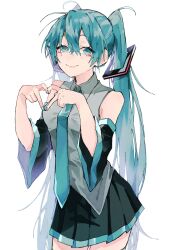 Rule 34 | 1girl, aqua eyes, aqua hair, aqua nails, aqua necktie, bare shoulders, black skirt, black sleeves, breasts, closed mouth, collared shirt, cowboy shot, detached sleeves, grey shirt, hair between eyes, hatsune miku, heart, heart hands, highres, inuri1783, long hair, medium breasts, messy hair, miniskirt, necktie, pleated skirt, shirt, simple background, skirt, smile, solo, thighhighs, twintails, untucked shirt, very long hair, vocaloid, white background, zettai ryouiki