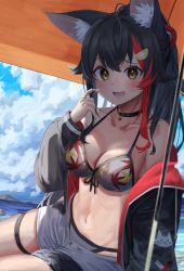 Rule 34 | 1girl, absurdres, animal ear fluff, animal ears, beach, beach umbrella, belt collar, bikini, bikini under clothes, black choker, black collar, black hair, black jacket, blush, breasts, choker, cleavage, collar, commentary, daichi (daichi catcat), hair ornament, hairclip, highres, hololive, jacket, large breasts, long hair, looking at viewer, multicolored hair, navel, off shoulder, ookami mio, ookami mio (hololive summer 2019), open mouth, ponytail, red hair, sand, shorts, streaked hair, swimsuit, tail, tail around own leg, thigh strap, umbrella, virtual youtuber, water, white bikini, white shorts, wolf ears, wolf girl, wolf tail, yellow eyes