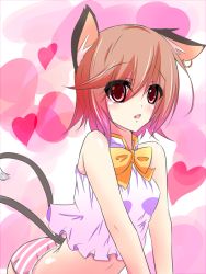 Rule 34 | 1girl, animal ears, asn s, bad id, bad pixiv id, bare arms, bare shoulders, bow, brown hair, cat ears, cat tail, chen, fang, heart, multiple tails, nekomata, no pants, open mouth, panties, red eyes, shirt, sleeveless, sleeveless shirt, solo, striped clothes, striped panties, tail, touhou, two tails, underwear