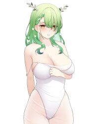 Rule 34 | 1girl, absurdres, alternate costume, arm behind back, arm under breasts, bare shoulders, blush, breasts, ceres fauna, cleavage, closed mouth, commentary, drey525, english commentary, fishnet pantyhose, fishnets, green hair, hair branch, highres, hololive, hololive english, large breasts, leotard, mole, mole under eye, multicolored hair, pantyhose, simple background, solo, strap slip, streaked hair, virtual youtuber, white background, white leotard, yellow eyes