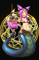 Rule 34 | 1girl, black background, breasts, btraphen, lamia, long hair, medium breasts, midriff, monster girl, navel, original, pink hair, pointy ears, smile, solo, yellow eyes