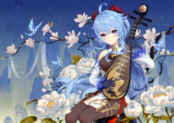 Rule 34 | 1girl, absurdres, ahoge, bell, black gloves, black pantyhose, blue hair, bodystocking, branch, breasts, cavcaz, closed mouth, collar, cowbell, crystalfly (genshin impact), detached collar, detached sleeves, flower, ganyu (genshin impact), genshin impact, gloves, goat horns, gold trim, highres, holding, holding instrument, horns, instrument, leaf, long hair, long sleeves, lute (instrument), medium breasts, music, neck bell, pantyhose, pelvic curtain, playing instrument, ponytail, purple eyes, sidelocks, sitting, smile, solo, tassel, very long hair, white collar, white flower, white sleeves