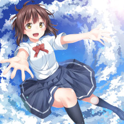 Rule 34 | 1girl, armpit peek, bow, brown eyes, brown hair, cloud, cloudy sky, day, open mouth, original, outstretched arms, outstretched hand, pleated skirt, school uniform, short hair, skirt, sky, solo, yuuri nayuta