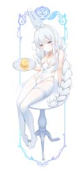 Rule 34 | + +, 1girl, = =, absurdres, ahoge, animal ear fluff, animal ears, azur lane, bare shoulders, blue border, blue eyes, blush, border, braid, breastless clothes, breasts, collarbone, covered navel, fake animal ears, flower, full body, hairband, highres, holding, holding tray, le malin (azur lane), le malin (listless lapin) (azur lane), leotard, long hair, looking at viewer, manjuu (azur lane), medium breasts, mill (user ypgc2873), no shoes, official alternate costume, on table, outside border, playboy bunny, rabbit ears, rose, silver hair, simple background, sitting, skindentation, solo, table, thigh strap, thighhighs, tray, twin braids, very long hair, white background, white hairband, white leotard, white thighhighs, wrist cuffs