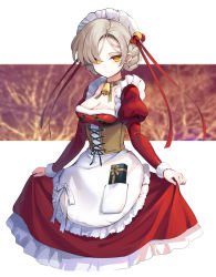 Rule 34 | 1girl, absurdres, apron, azur lane, bell, bow, box, breasts, brown hair, cleavage, closed mouth, commentary request, corset, dress, frilled apron, frilled dress, frills, fur-trimmed dress, fur-trimmed sleeves, fur trim, gift, gift box, hair bow, highres, juliet sleeves, kiyosato 0928, long sleeves, looking at viewer, maid, maid headdress, medium breasts, orange eyes, puffy sleeves, red bow, red dress, red ribbon, ribbon, santa costume, sheffield (azur lane), skirt hold, solo, white apron