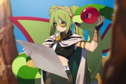 Rule 34 | 1girl, absurdres, bandaged arm, bandages, blurry, blurry background, blurry foreground, breasts, cloak, closed mouth, creatures (company), crop top, day, double bun, fangs, flygon, game freak, gen 3 pokemon, gloves, green hair, ground miku (project voltage), hair bun, hatsune miku, highres, holding, hoshio illust, nintendo, open mouth, orange eyes, orange hair, outdoors, pants, pokemon, pokemon (creature), project voltage, single glove, small breasts, twintails, vocaloid, white gloves