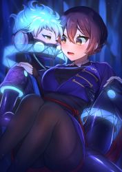 Rule 34 | 1boy, 1girl, black pantyhose, blue background, blue hair, blurry, blurry background, blush, braid, breasts, brown hair, carrying, collar, covered mouth, embarrassed, eye contact, glowing, hair ornament, half-closed eyes, hand on another&#039;s knee, hand on another&#039;s shoulder, headphones, hetero, highres, joints, knee up, knees up, large breasts, long sleeves, looking at another, mask, mechanical parts, open mouth, ortho shroud, pantyhose, princess carry, profile, reclining, respirator, robe, robot joints, sash, short hair, spiked hair, thighband pantyhose, twisted wonderland, updo, yucke19, yuu (twisted wonderland)