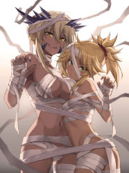 Rule 34 | 2girls, artoria pendragon (fate), artoria pendragon (lancer alter) (fate), ass, bandaged arm, bandaged hand, bandaged leg, bandaged neck, bandages, bare shoulders, blonde hair, breasts, claw pose, commentary, english commentary, fate/grand order, fate (series), green eyes, hair between eyes, hair ornament, hair scrunchie, highres, large breasts, looking at viewer, mordred (fate), mordred (fate/apocrypha), multiple girls, mummy costume, nail polish, navel, ponytail, pout, purple nails, red scrunchie, scrunchie, small breasts, teeth, tonee, upper teeth only