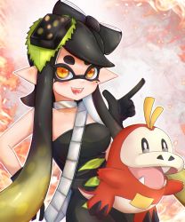 Rule 34 | 1girl, :d, black dress, black gloves, blonde hair, callie (splatoon), company connection, creatures (company), cross-shaped pupils, crossover, dress, fangs, food, food on head, fuecoco, game freak, gloves, gradient hair, highres, inkling, jewelry, long hair, mole, mole under eye, multicolored hair, neck ring, nintendo, object on head, oniku (onikuoekaki), open mouth, orange eyes, outline, pointy ears, pokemon, pokemon (creature), smile, splatoon (series), splatoon 3, strapless, strapless dress, symbol-shaped pupils, teeth, tentacle hair, two-tone hair, white outline