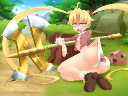 Rule 34 | 1girl, absurdly long hair, ahoge, ass, axe, back-print panties, blonde hair, blue sky, blush, breasts, brown bag, brown footwear, brown shirt, bug, chonchon, cloud, commentary, daniel renard, day, dirt road, english commentary, fang, full body, glint, grass, hair bobbles, hair ornament, highres, long hair, looking at viewer, lying, maya (ragnarok online), medium bangs, merchant (ragnarok online), mountain, no pants, on side, open clothes, open mouth, open shirt, outdoors, panties, panty lift, path, poring, print panties, ragnarok online, ragnarok the animation, road, rock, shaded face, shirt, shoes, sky, slime (creature), small breasts, tree, twintails, underwear, v-shaped eyebrows, very long hair, wedgie, white panties, yellow eyes
