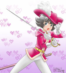 Rule 34 | 1girl, adjusting clothes, adjusting headwear, black hair, breasts, character request, commentary request, dated, derivative work, futari to 5-nin, gloves, grey shirt, hat, heart, heart background, highres, holding, holding sword, holding weapon, jacket, juliet sleeves, long sleeves, puffy sleeves, rapier, red jacket, sheath, shirt, short hair, signature, small breasts, solo, sword, v-shaped eyebrows, weapon, white gloves, yoshiten