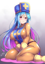 Rule 34 | blue hair, blue tabard, blush, bodystocking, bodysuit, boots, breasts, c.r., covered erect nipples, cross, cross print, curvy, dragon quest, dragon quest iii, gloves, gradient hair, hat, large breasts, latex, latex suit, long hair, mitre, multicolored hair, orange bodysuit, pink hair, plump, priest (dq3), print headwear, red eyes, tabard, yellow gloves