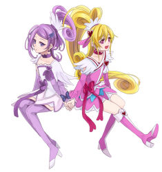 Rule 34 | 2girls, :d, aida mana, bad id, bad pixiv id, blonde hair, boots, bow, brooch, cure heart, cure sword, dokidoki! precure, hair ornament, heart, heart brooch, heart hair ornament, holding hands, jewelry, kenzaki makoto, knee boots, multiple girls, open mouth, pink bow, pink eyes, pink footwear, ponytail, precure, purple eyes, purple footwear, purple hair, purple skirt, sasamaru chimaki, simple background, sitting, skirt, smile, spade hair ornament, thigh boots, thighhighs, white background