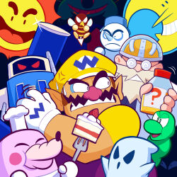 Rule 34 | 2boys, absurdres, anger vein, arewo shitain-hakase, beard, bee, big nose, bottle, bug, cake, cake slice, chef hat, coke-bottle glasses, facial hair, food, ghost, glasses, gloves, grin, hammer, hat, highres, insect, letitmelo, moon, multiple boys, mustache, nintendo, open mouth, overalls, pointy ears, purple overalls, red eyes, robot, rudy the clown, shirt, smile, snowman, sun, sweatdrop, thick eyebrows, wario, wario land, wario land 3, white gloves, worm, yellow hat, yellow shirt