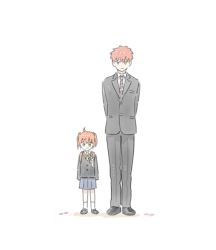 Rule 34 | 1boy, 1girl, ahoge, alternate costume, arms behind back, black suit, cczyjs, emiya shirou, fate/stay night, fate (series), formal, fujimaru ritsuka (female), full body, height difference, looking at viewer, necktie, orange hair, ribbon, shoes, short twintails, simple background, skirt, smile, standing, suit, twintails, uniform, white background, yellow eyes, aged down