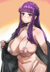 Rule 34 | 1girl, areola slip, bikini, black coat, blunt bangs, bow (bhp), breasts, butterfly hair ornament, cleavage, closed mouth, coat, collarbone, covered erect nipples, cut bangs, expressionless, fern (sousou no frieren), hair ornament, highleg, highleg bikini, huge breasts, large areolae, long coat, long hair, long sleeves, looking at viewer, navel, nipples, off shoulder, open clothes, open coat, purple eyes, purple hair, see-through, simple background, skindentation, solo, sousou no frieren, steam, straight hair, swimsuit, white bikini