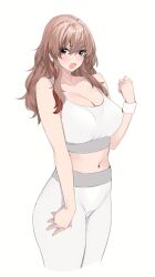 Rule 34 | 1girl, blush, breasts, brown hair, cleavage, clenched hand, collarbone, cropped legs, goshiki suzu, highres, large breasts, long hair, looking at viewer, navel, original, pants, sideways glance, simple background, solo, sports bra, sweatdrop, v-shaped eyebrows, white background, white pants, white sports bra, wristband, yoga pants