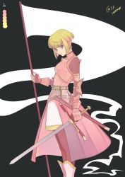 Rule 34 | 1girl, armor, autumn-sacura, blonde hair, breastplate, color guide, flag, from side, jeanne d&#039;arc (game), jeanne d&#039;arc (jeanne d&#039;arc (game)), limited palette, looking at viewer, pantyhose, pink eyes, profile, sheath, short hair, sidelocks, solo, sword, weapon, white flag